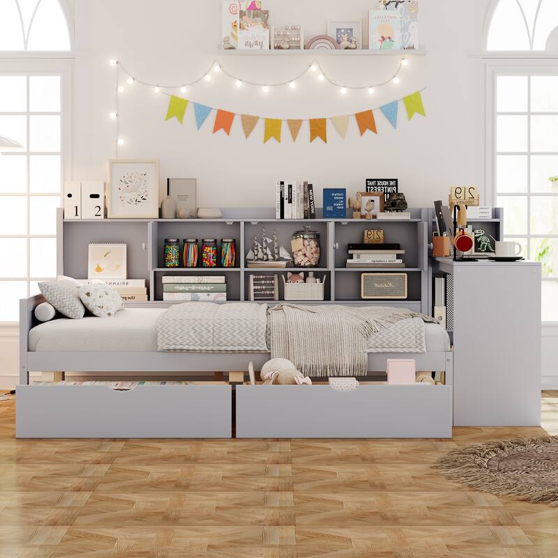 Wooden L Shaped Daybed with Bookcase and 2 Drawers, Multi-functional Corner Platform Sofa Bed Frame with Built In Desk - Gray - Full