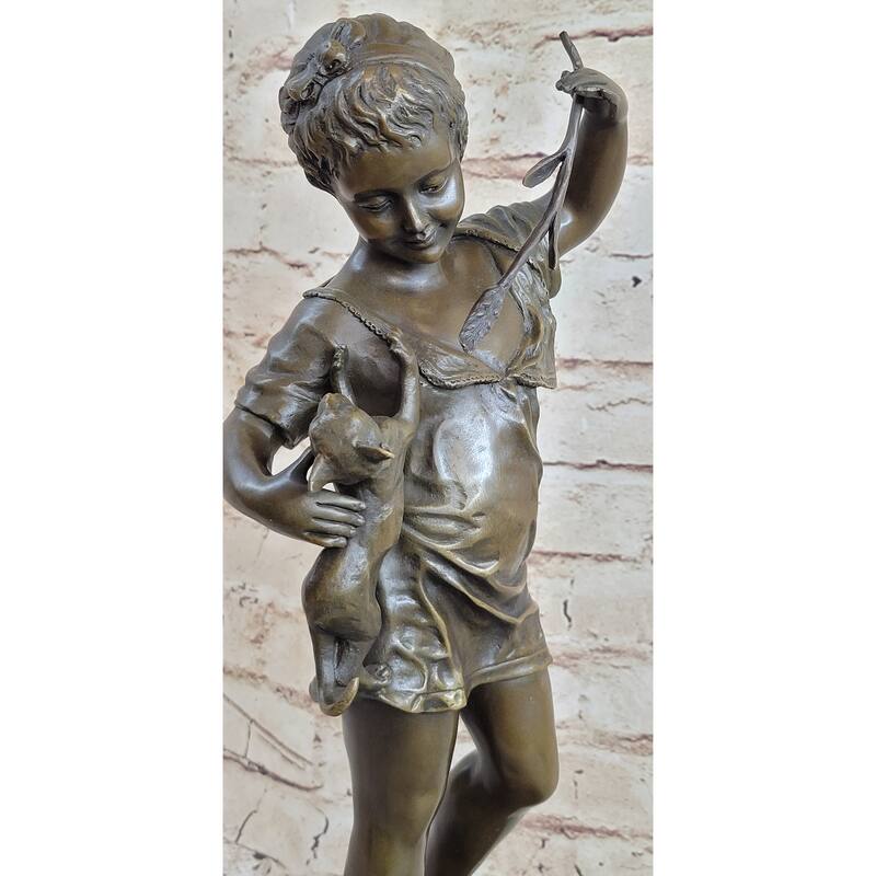 Young Girl Child Holding Kitten Imitative Cat - Bronze Sculpture Vintage Reproduction Art