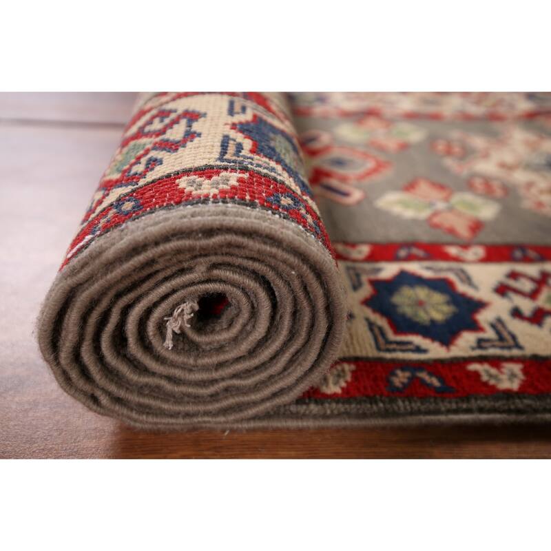 Geometric Kazak Runner Rug Hand-Knotted Oriental Grey Wool Carpet - 2'2" x 19'2"