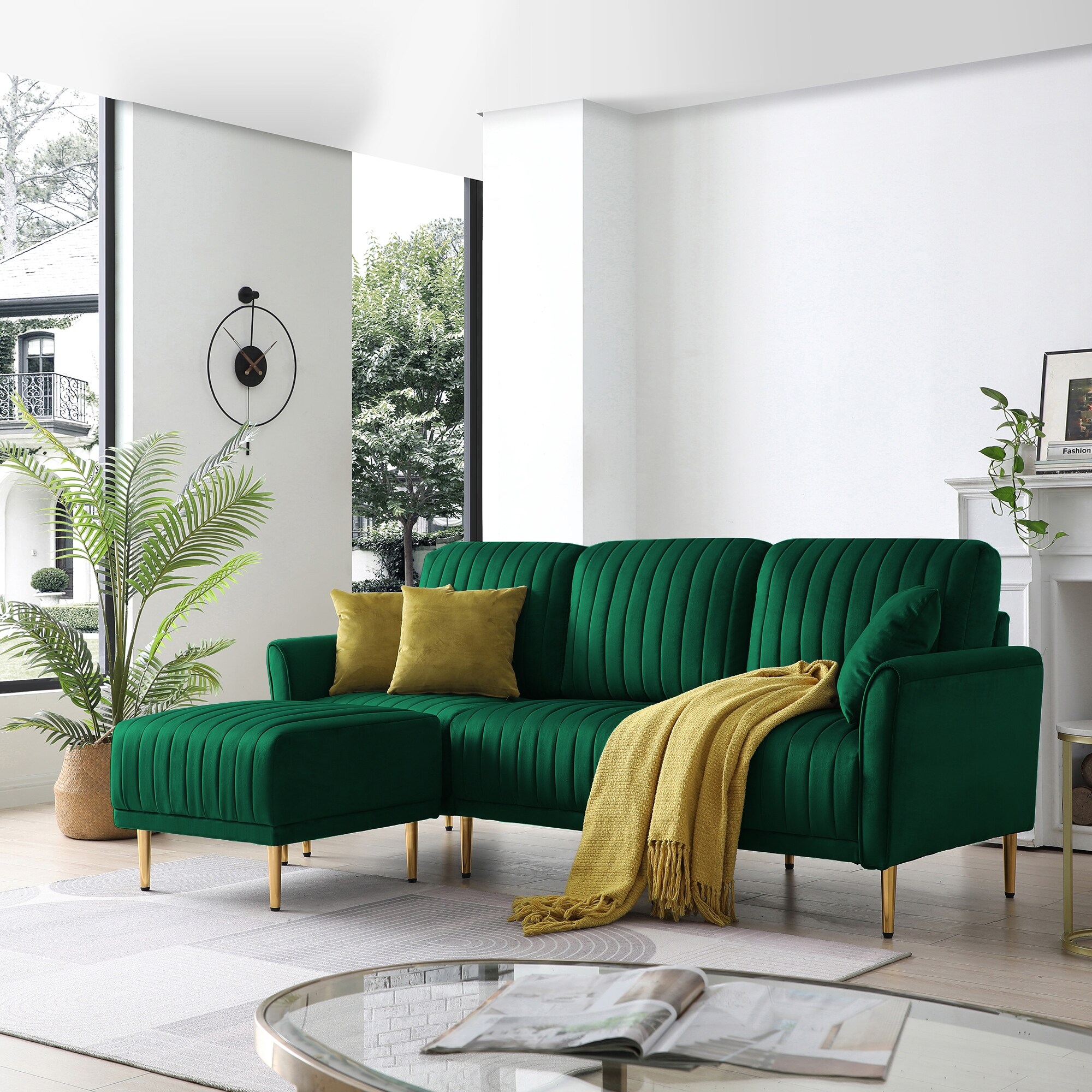 Green Velvet Modular Corner Sofa Reversible Left Hand Facing Sofa Chaise with Ottoman Green