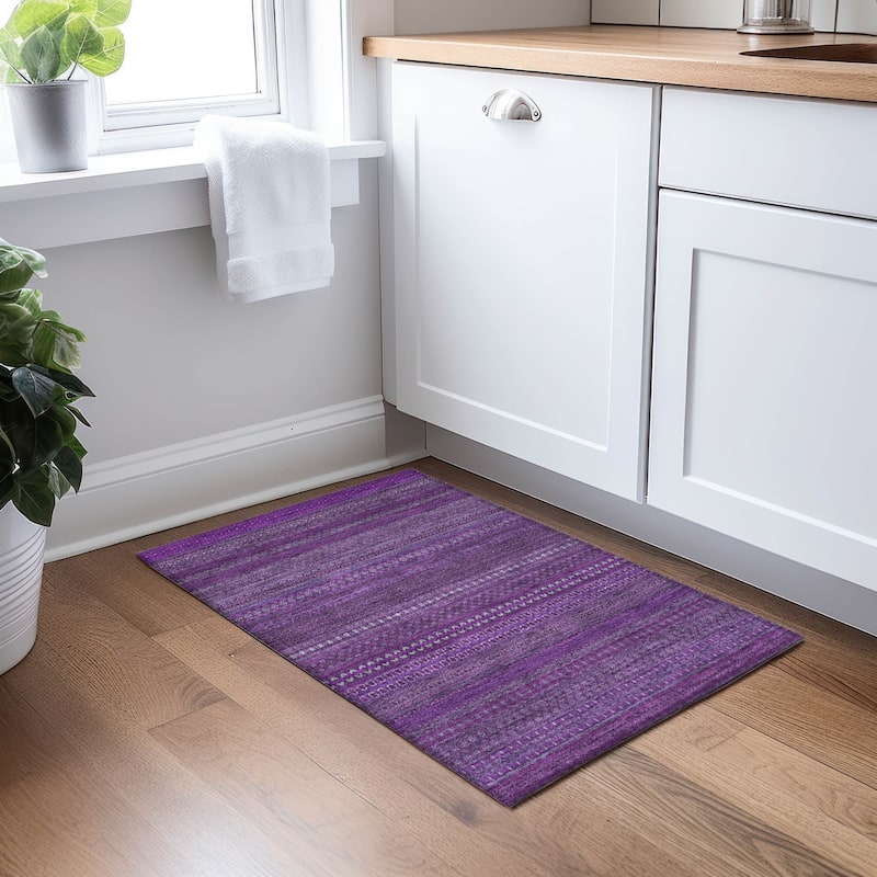 Machine Washable Indoor/ Outdoor Moroccan Stripes Chantille Rug - Eggplant - 1'8" x 2'6"