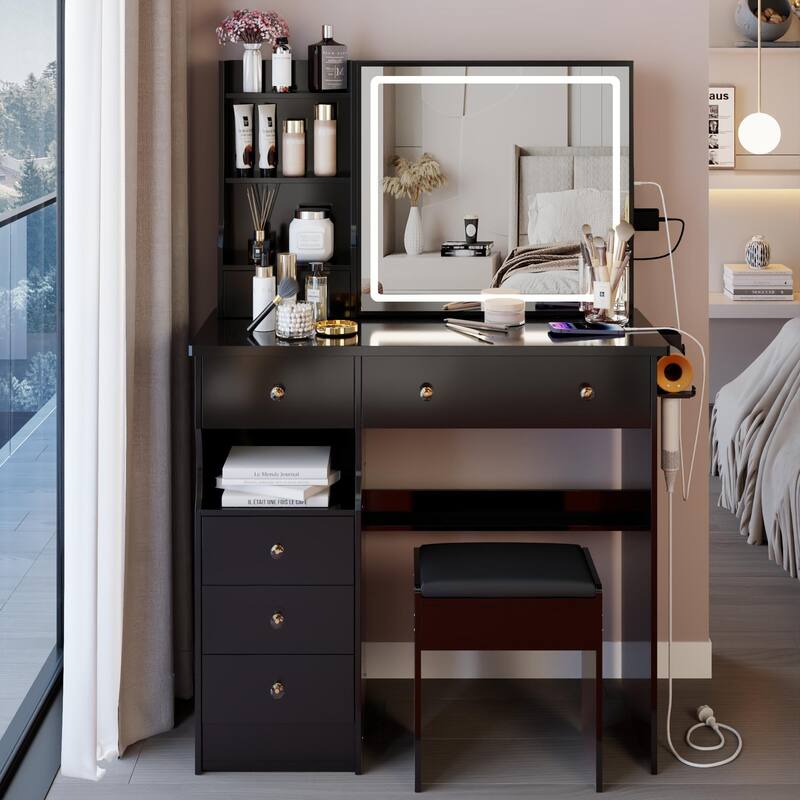 37" Middle Size Left Drawer Desktop Vanity Table + Cushioned Stool Dresser Set, Large Touch Control LED Sliding Mirror