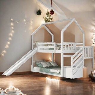 Twin over Twin House Bunk Bed with Slide and Staircase, White