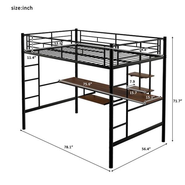Full Metal Loft Bed with Desk and Shelves, Space-Saving Design, Black