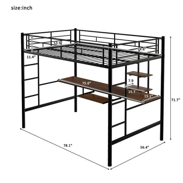 dimension image slide 0 of 2, Twin/Full Size Metal Loft Bed w/Desk, Shelves & 2 Built-in Ladders, Sturdy Metal Twin/Full Bedframe w/Safety Guardrails for Kids