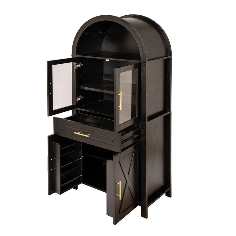 Arched Kitchen Pantry Cabinet, Storage Cabinet with Large Drawers, Display Cabinet with Glass Doors & Adjustable Shelves