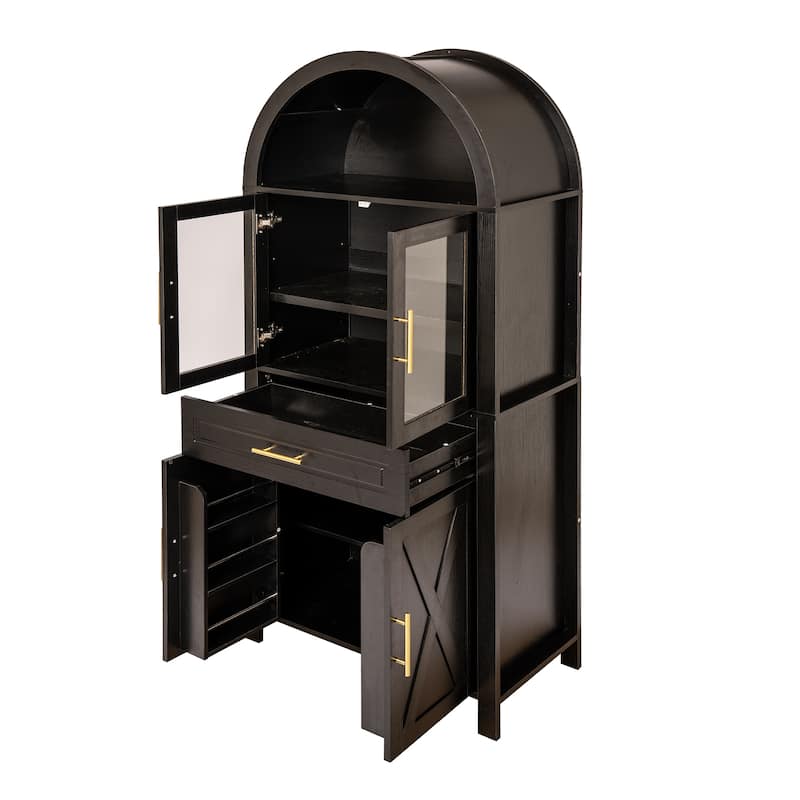 Arched Kitchen Pantry Cabinet with Glass Door, Farmhouse 71" Storage Cabinet with Adjustable Shelves & Barn Door Design
