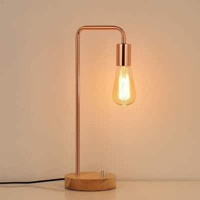 Industrial Nightstand Lamp with Wooden Base, Metal Rose Gold
