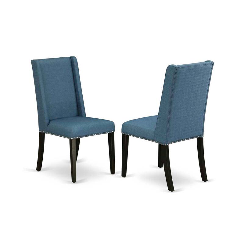 9-Piece Dining Table Set with Linen Accent Chairs - Modern Pedestal Table & Parson Chairs - Distressed Jacobean & Black Finish