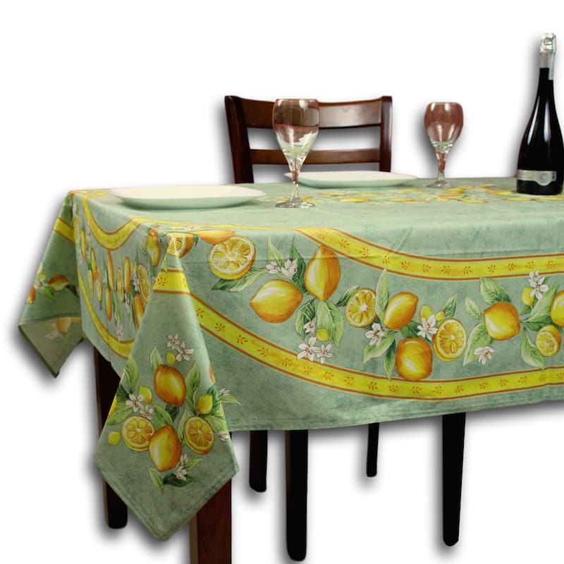 Wipeable Spill Resistant Provencal Cotton Cannes Collection Tablecloth - 60 x 98 in - Green Citrons