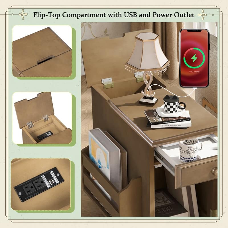 Retro Flip-Top End Table – USB Ports, Cup Holder Drawer & Bookshelf, Ideal for Small Spaces.