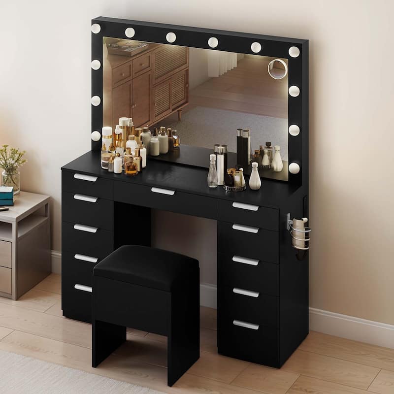 Makeup Vanity Set with Oversized Mirror 3 Color LED Lights Charging Hub 11 Drawers and Comfy Storage Stool for Bedroom