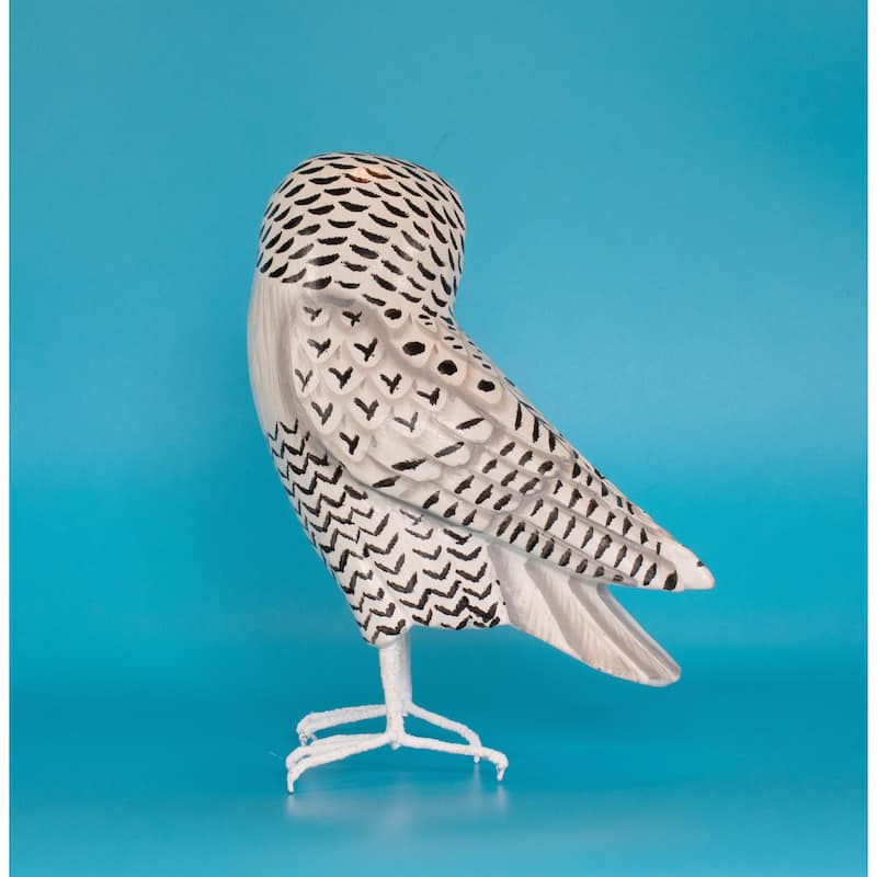 Wood Snowy Owl Figurine - Hand Carved Bird Sculpture, White Owl Wildlife Decor - 8" tall x 6" wide x 3.5" deep