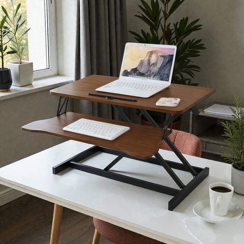 32 Inch Desk Converter Height Adjustable Sit to Stand Desk Riser with Keyboard Tray for Dual Monitor Laptop - Walnut