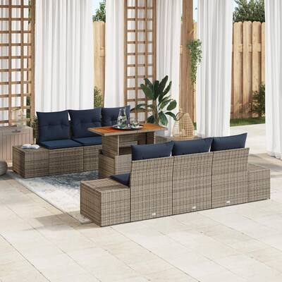 vidaXL 7 Garden Sofa Set with Cushions Black/Grey Poly Rattan - 94.1 x 24.4 x 27.2
