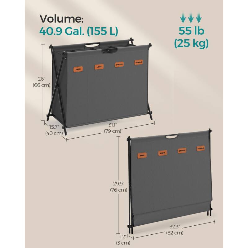 Large 4-Compartment Collapsible Oxford Laundry Sorter Basket with Removable Labels for Clothes Storage - 31.1"L x 15.7"W x 26"H