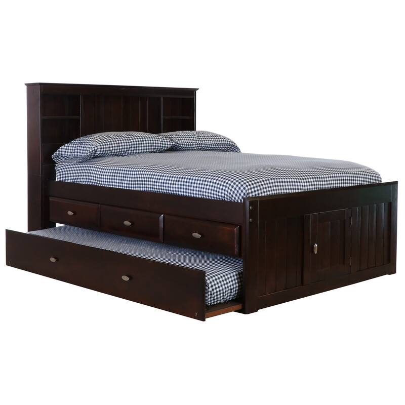 Full Size Bookcase Bed with Trundle - 3 Drawers, Dark Espresso Finish - Space Saving Bed Frame