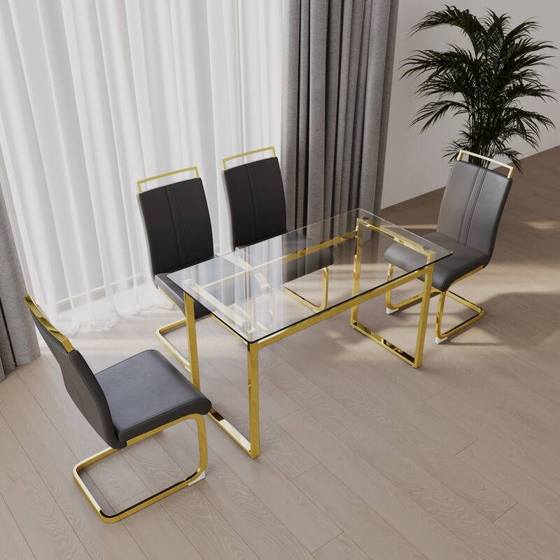 5-Piece Glass Dining Table Set with Gold Metal Legs and 4 PU Upholstered Chairs