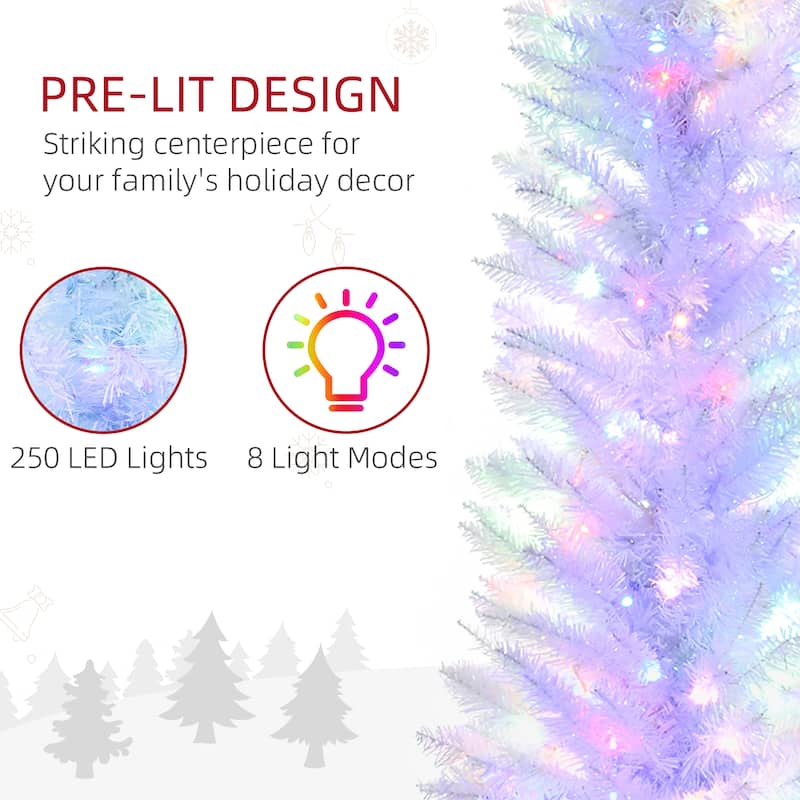 HOMCOM 7ft Tall Pencil Prelit Artificial Christmas Tree Holiday Décor with 500 Colorful Surface Branches, White - 6.89 ft