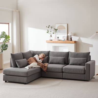 100.2" Linen L-Shaped Sectional Sofa with Ottoman & Lumbar Pillows