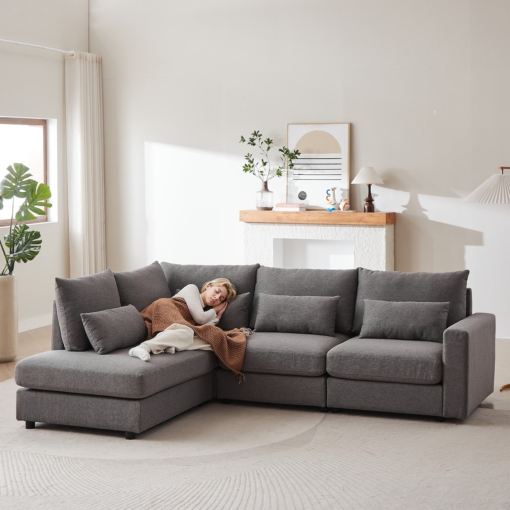 100.2" Linen L-Shaped Sectional Sofa with Ottoman & Lumbar Pillows