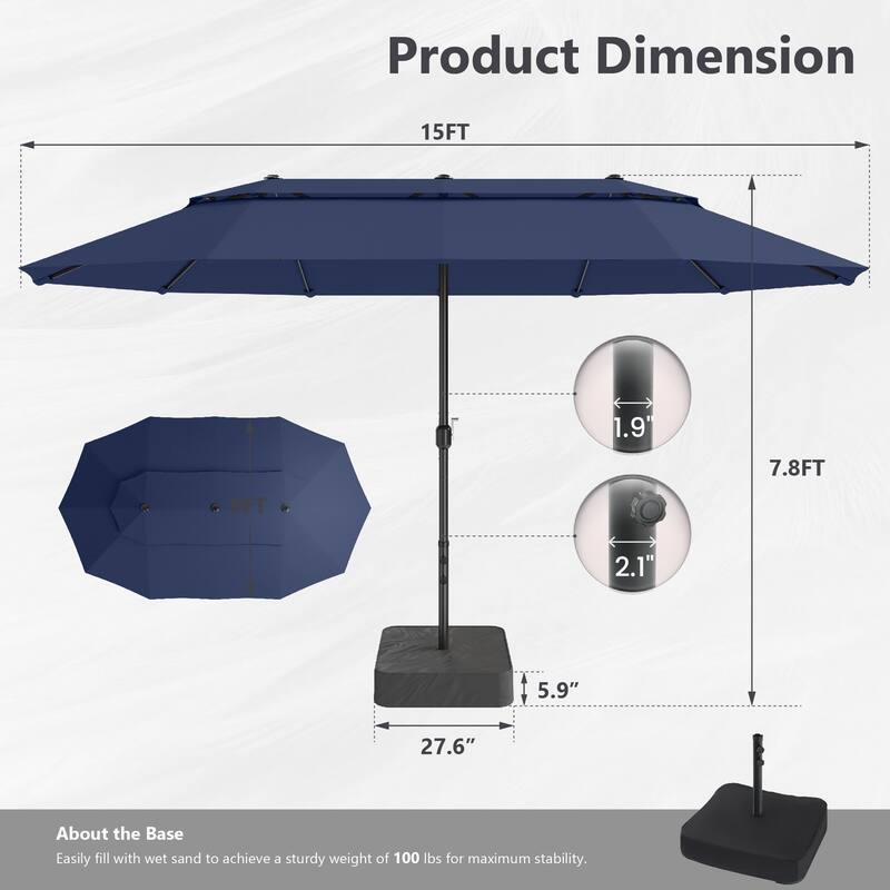 MAISON ARTS 15ft 2-Tier Large Patio Umbrella with Solar Lights, Double-Sided Outdoor Market Umbrellas with Base Included