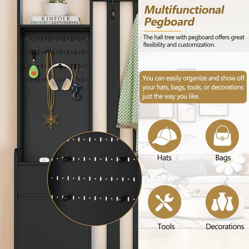 All-in-One Entryway Hall Tree with Coat Rack, Storage Bench and Shoe Cabinet, 4 Hooks, 2 Drawers for Foyer or Apartment