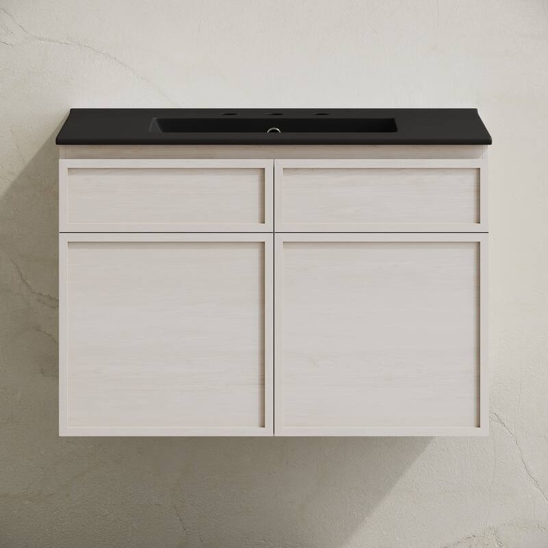 St. Tropez 30" Wall-Mounted Bathroom Vanity In White Oak With Black 3-Hole Widespread Sink Top - 30