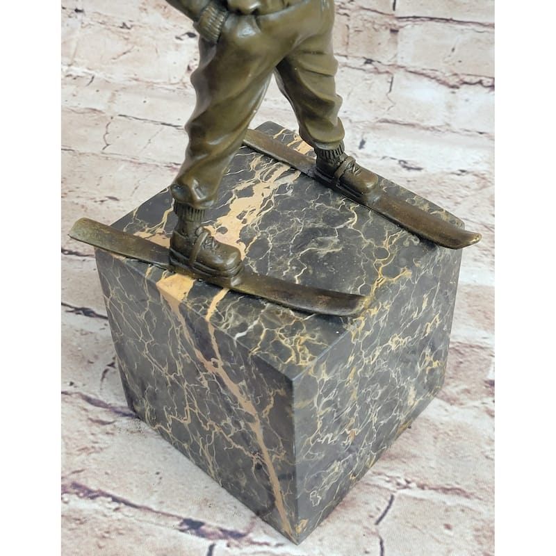 Little Boy On Skis Skiing Bronze Sculpture Statue Decor Art Figure On Marble Base