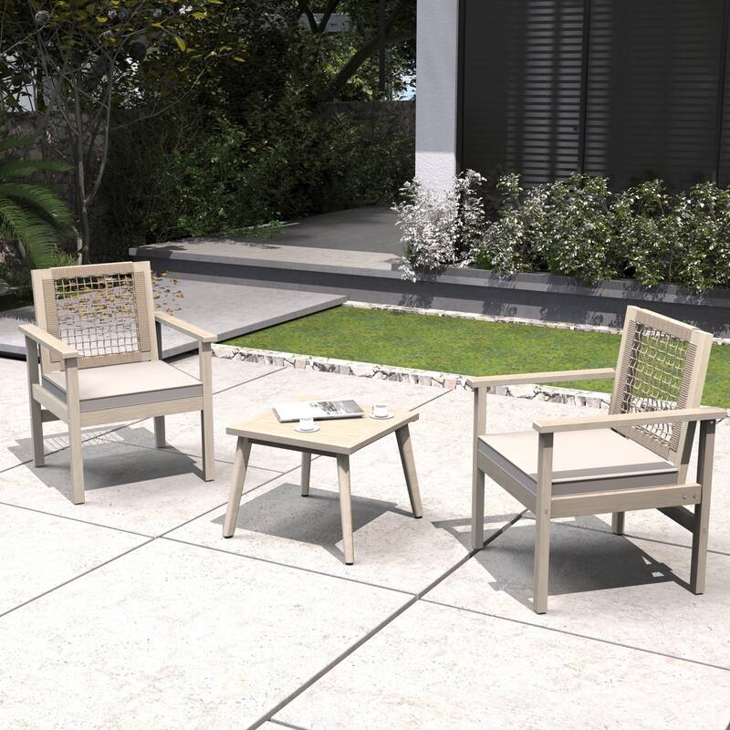 3-Piece Modern Outdoor Acacia Wood Chair Set with Side Table - Beige