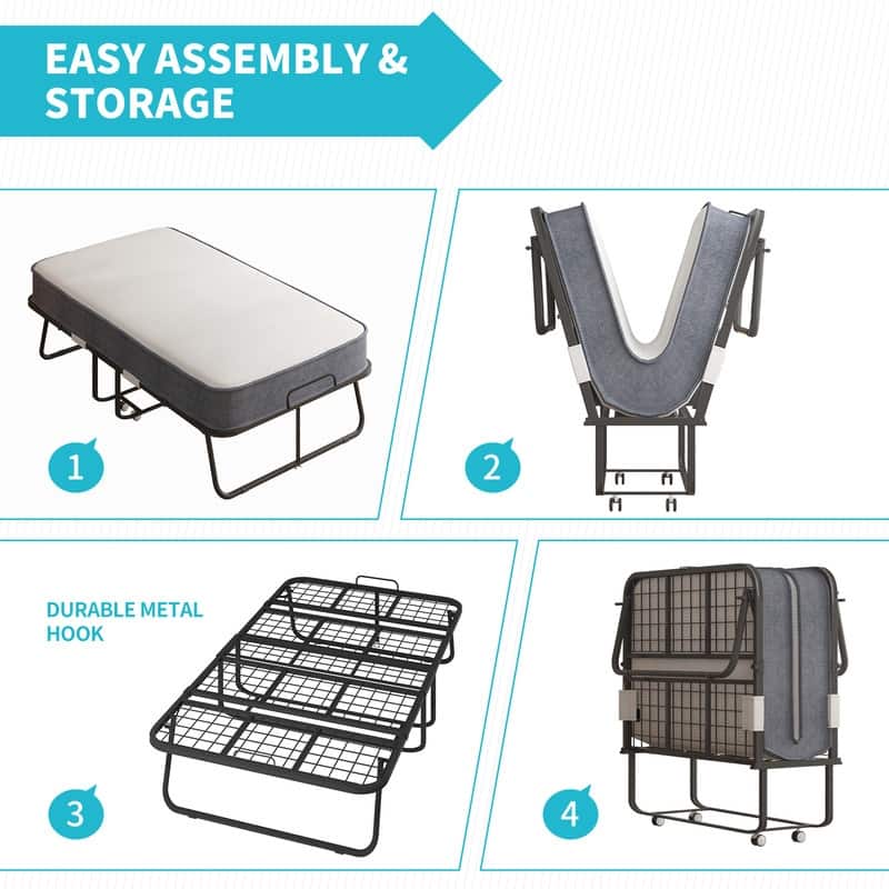 Mixoy Space Saving Foldable Bed with Mattress,Portable Bed with Lockable Wheels