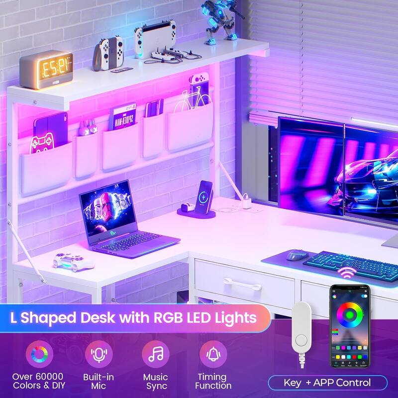 L Shaped Computer Desk 5 fabric Drawers Gaming Desk Storage Shelf