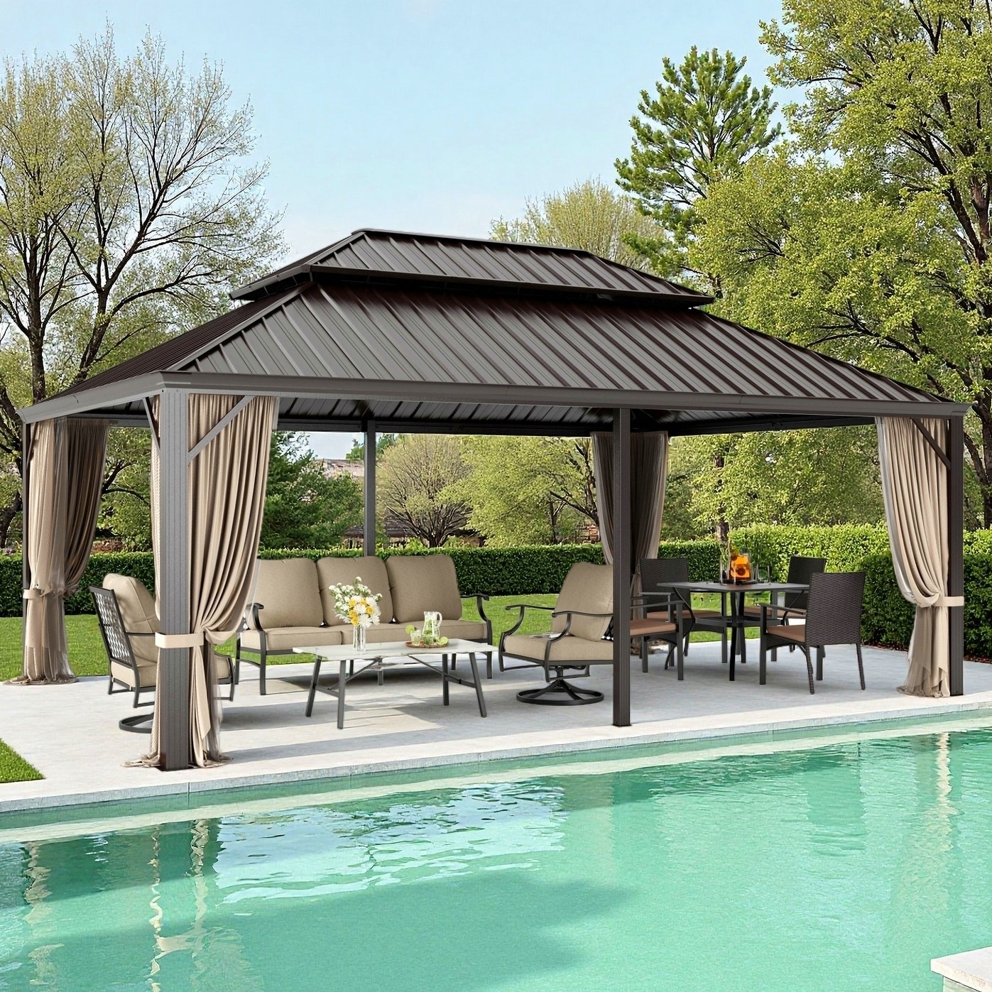MAISON ARTS 14x20' Hardtop Aluminum Galvanized Steel Double Roof Gazebo with Netting & Curtains