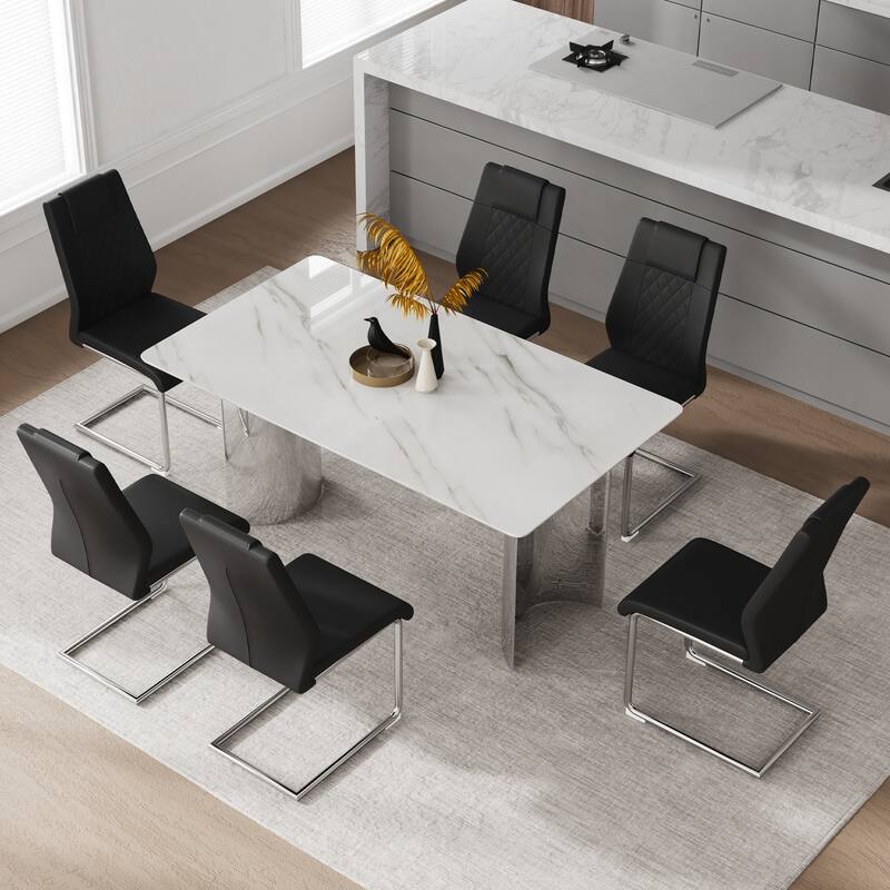 Luxury 7-Piece Rectangular Dining Table Set, 63" Kitchen Table with 6 Upholstered Faux Leather Chairs for Dining Room