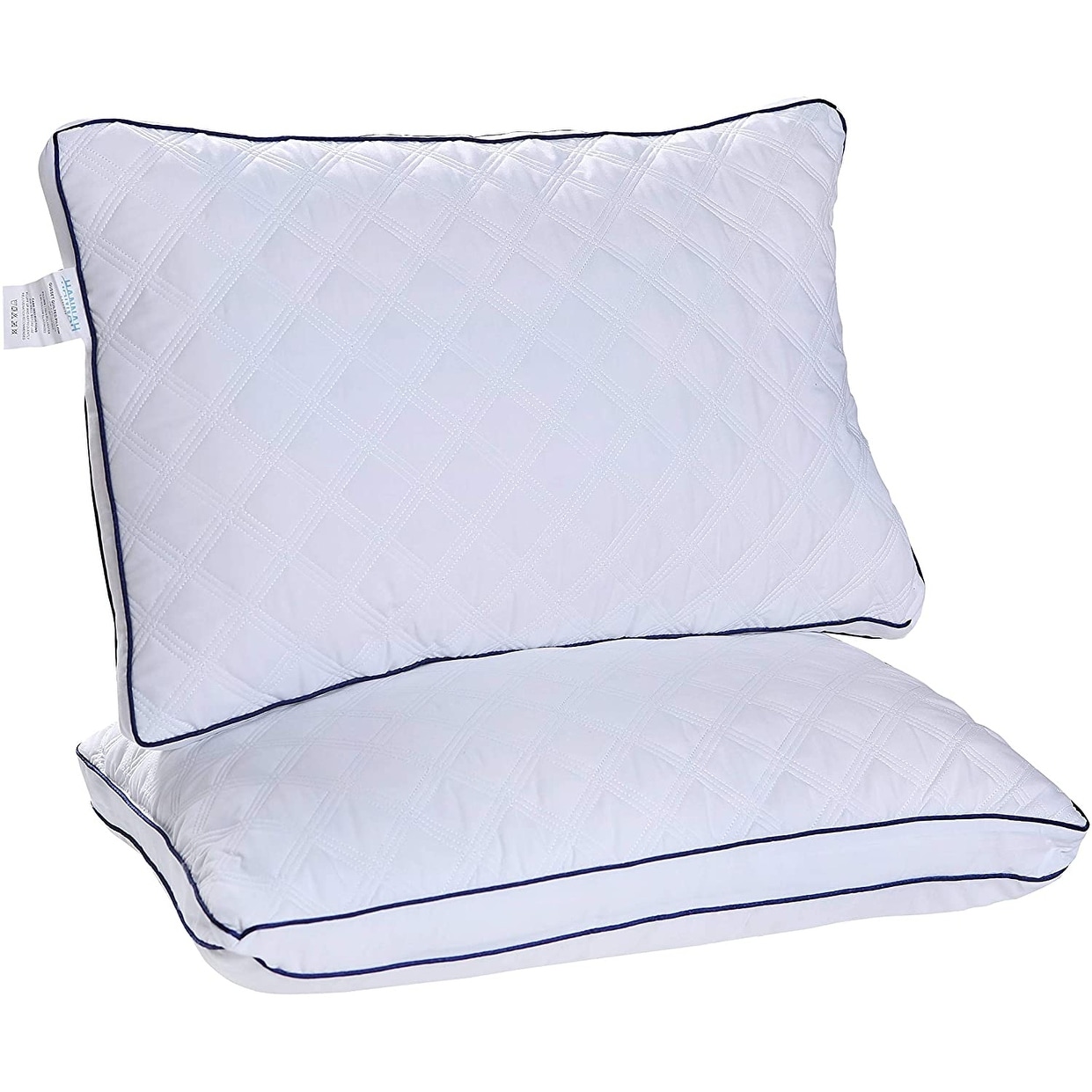 Hypoallergenic Gusseted Bed Down White Pillows Set of 2 For Extra Comfort Navy Blue Grey Piping Bed Bath Beyond 31572180