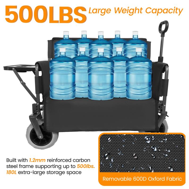 3-in-1 Collapsible Wagon, Convertible Folding Wagon Cart with Rear-Mounted Folding Tabletop, 500lbs Heavy-Duty, 180L Capacity