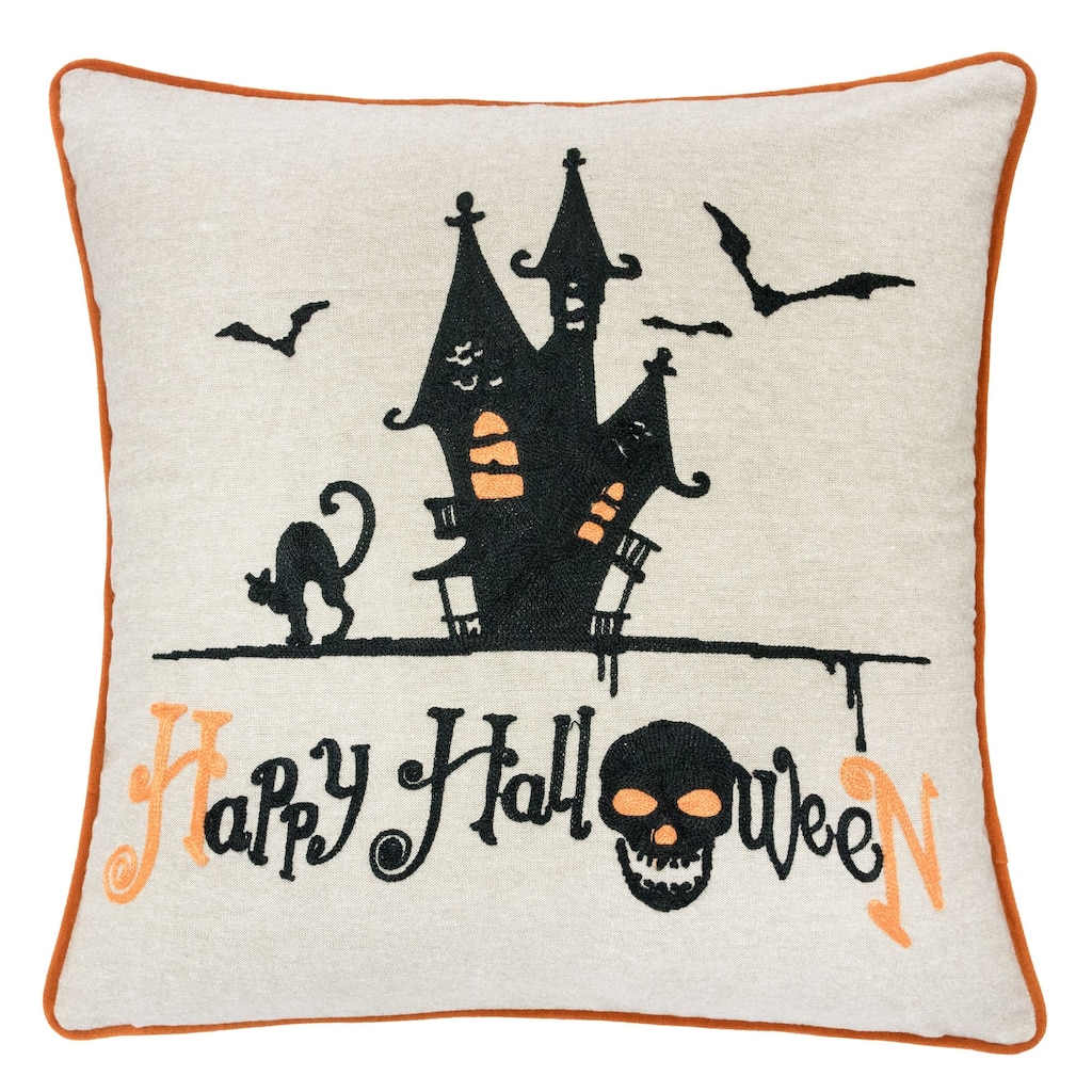 Happy Halloween Haunted House Linen Polyester 20"x20" Black Throw Pillow with Insert