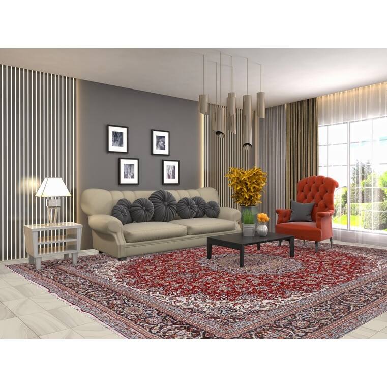 Traditional Red Kashan Turkish Rug Machine-Made Living Room Carpet - 9'7" x 12'6"