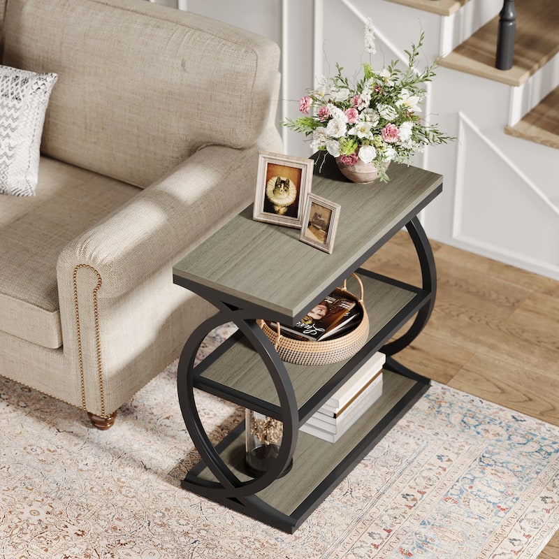 Small 3-Tier End Table for Living Room, Industrial Wooden Side Table with Metal Frame, Rustic Brown
