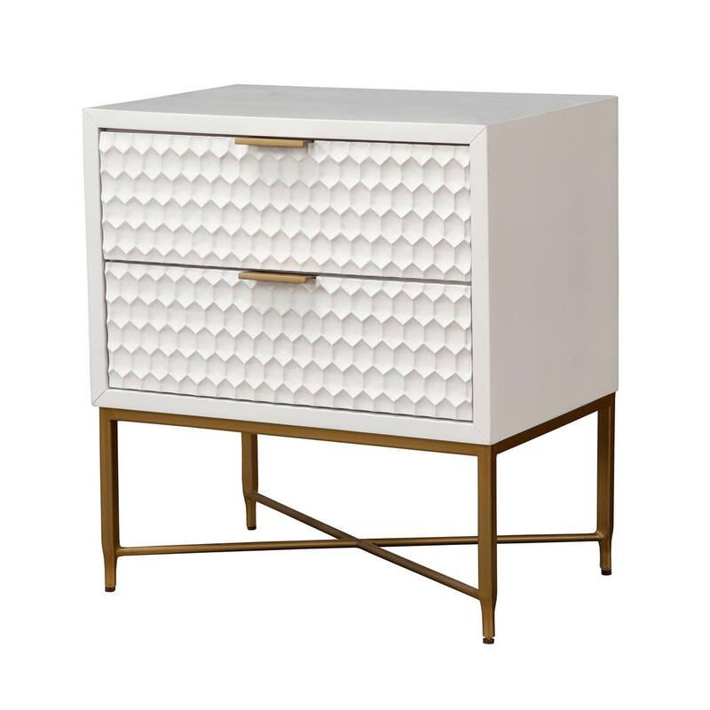 White/Gold 2 Drawer 16 in. W Nightstand with Sturdy Hardware and Ample Storage