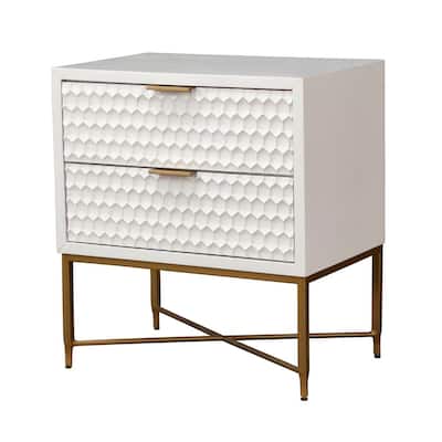 White/Gold 2 Drawer 16 in. W Nightstand with Sturdy Hardware and Ample Storage