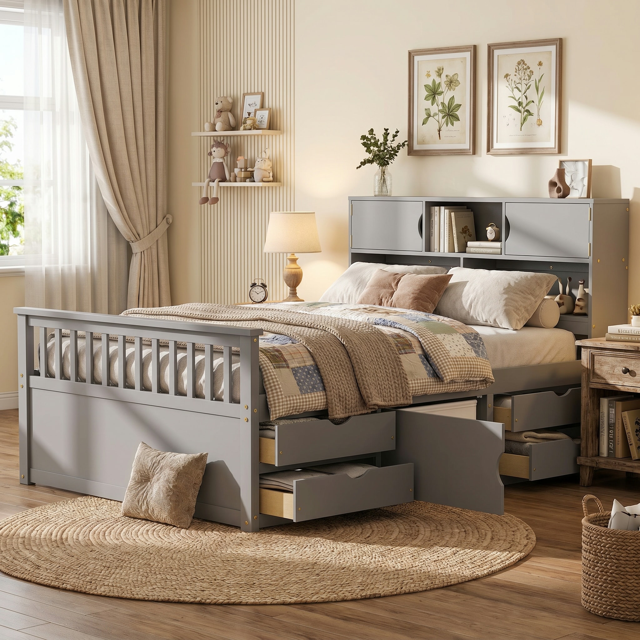 GDFStudio - Wood Captain Platform Bed with Storage Bookcase Headboard