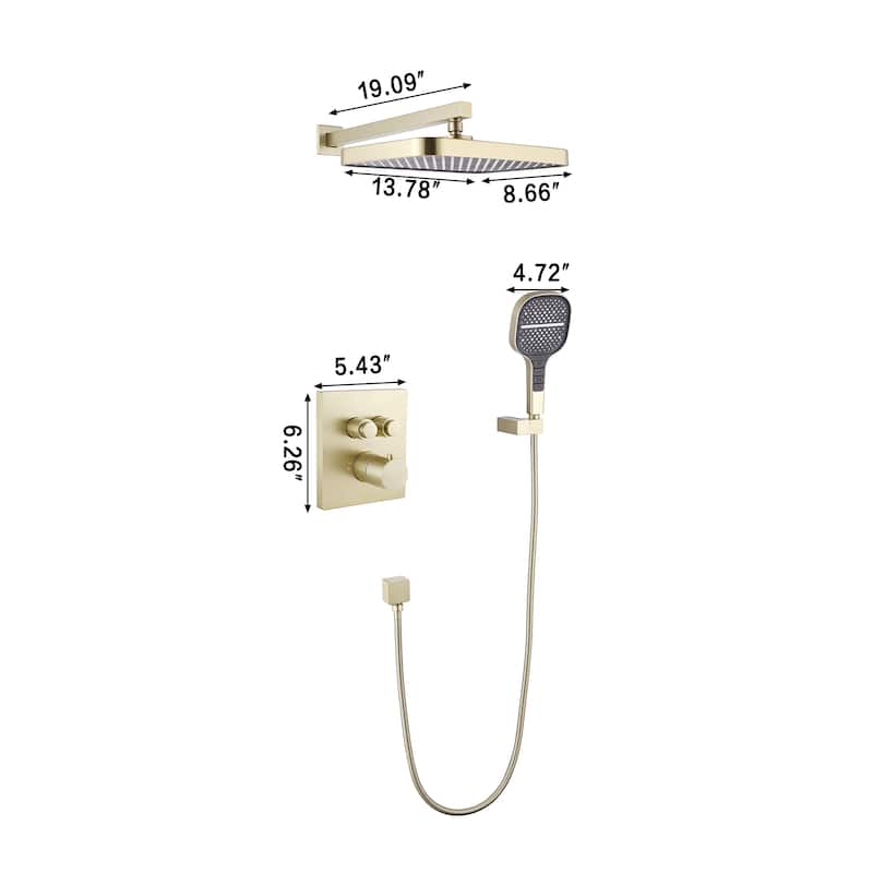 Modland 4-Way Square Thermostatic Rainfall Shower System with Rough-in Valve, Black/Gold