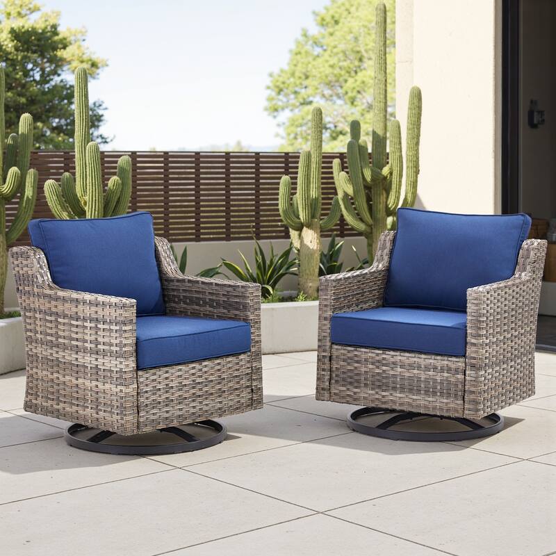 Pocassy Outdoor Patio Furniture Wicker Sofa Swivel Chair Set - Grey Wicker Blue Cushion - 2 Pieces Swivel Chair