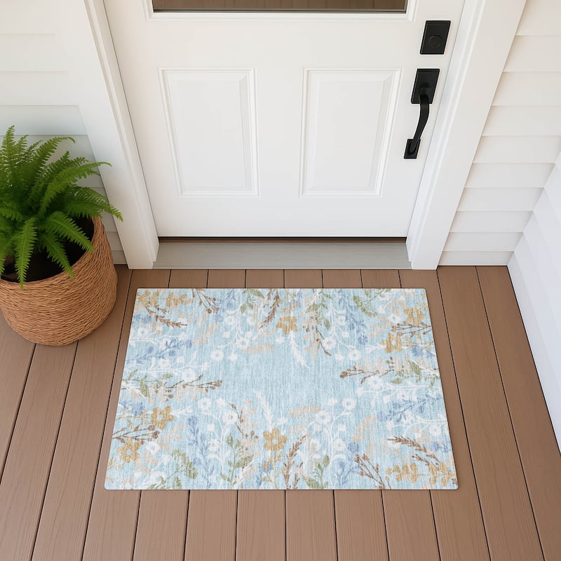 Machine Washable Indoor/ Outdoor Floral Border Chantille Rug - Sky - 1'8" x 2'6"