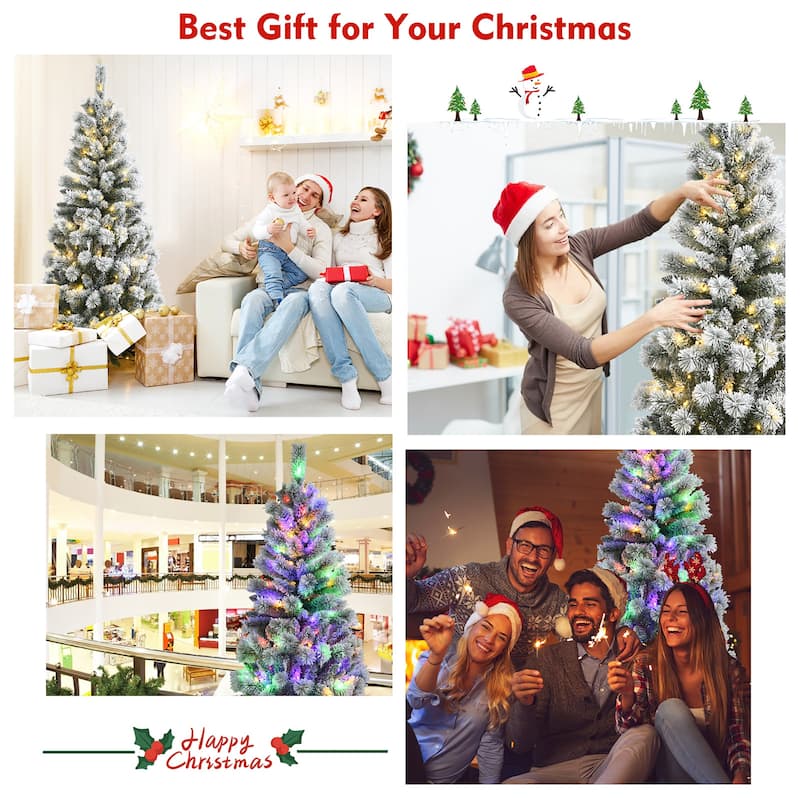 Costway 6FT Pre-Lit Hinged Christmas Tree Snow Flocked w/9 Modes