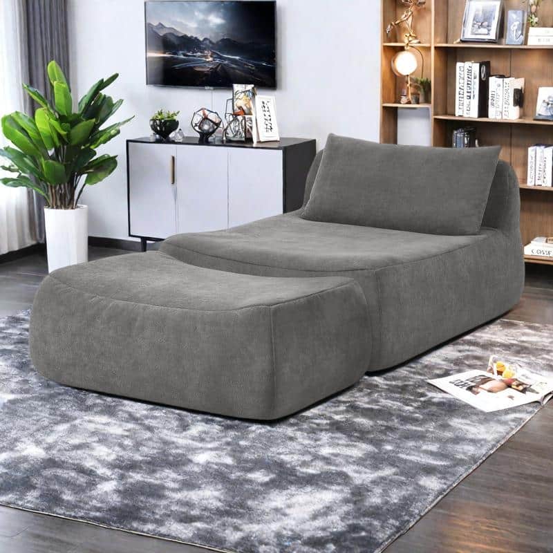 Chenille Bean Bag Chair with Ottoman Waist Pillow and Large Memory Foam Lounger for Adults - Grey