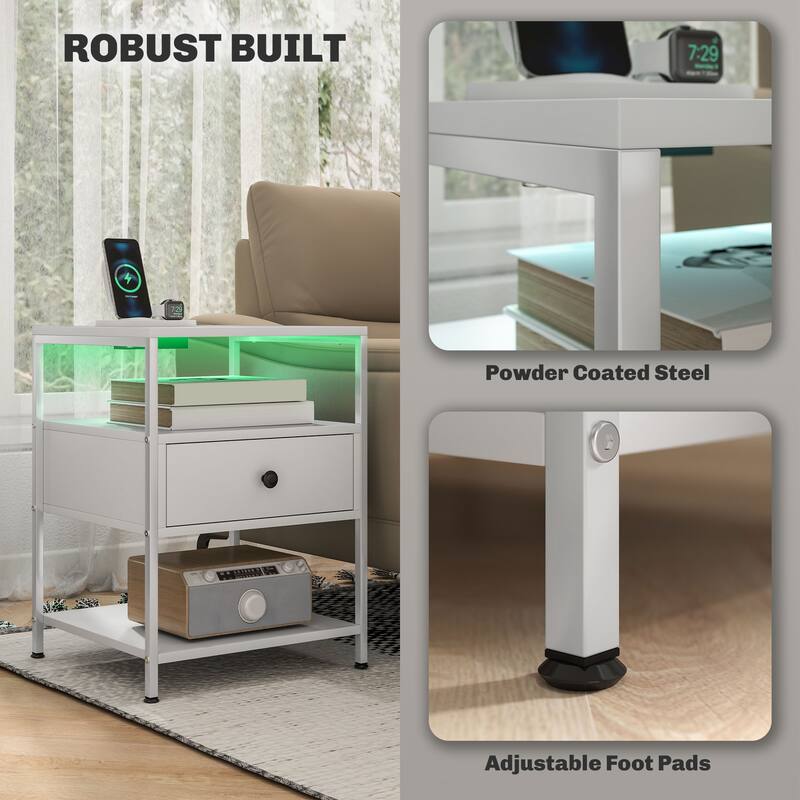 Set of 2 White End Tables with Drawer and 3-Tier Shelf USB Charging Ports and AC Outlets - 17.3" L x 15" W x 22.8" H