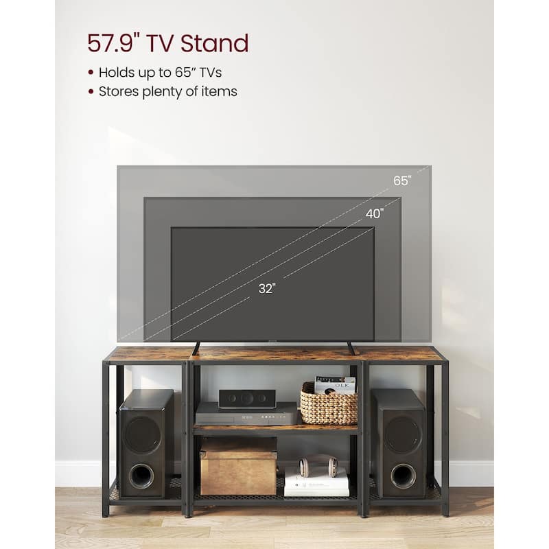 Black Wooden Storage TV Stand for 65 Inch TVs with Shelves and Cabinet - 57.9"L x 15.7"W x 25.6"H