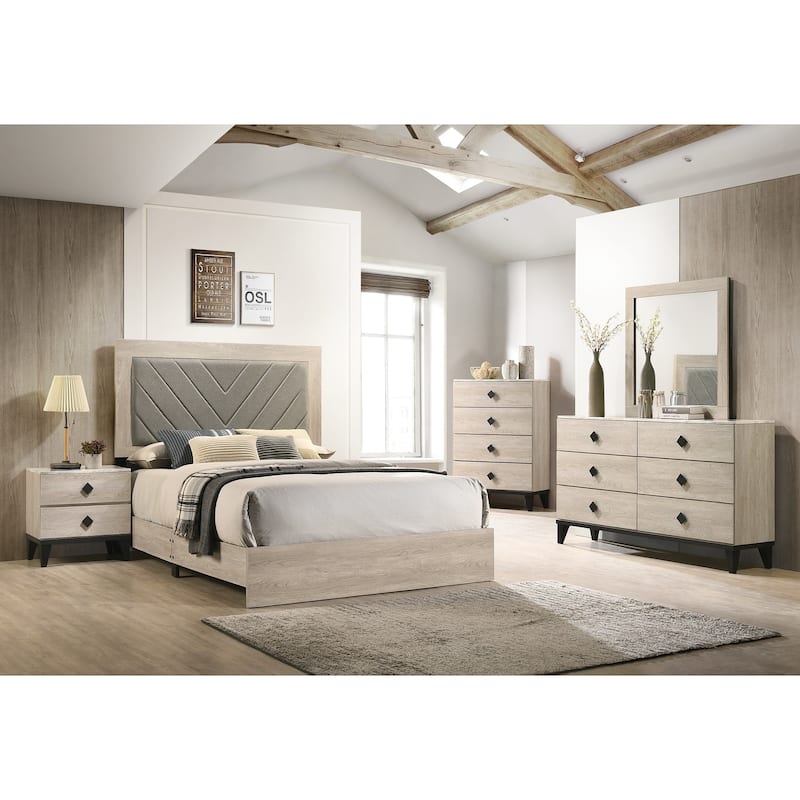 Queen Size Rubberwood Upholstered Platform Bed Frame with V-Shaped Fabric Headboard